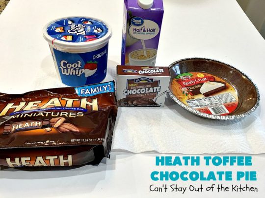 Heath Toffee Chocolate Pie | Can't Stay Out of the Kitchen | this luscious #ChocolatePie is rich, decadent & divine! It uses only 5 ingredients & is perfect for a #holiday or company #dessert #HeathToffeeBars #HeathToffeeChocolatePie #HeathToffeeDessert