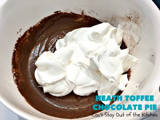Heath Toffee Chocolate Pie | Can't Stay Out of the Kitchen | this luscious #ChocolatePie is rich, decadent & divine! It uses only 5 ingredients & is perfect for a #holiday or company #dessert #HeathToffeeBars #HeathToffeeChocolatePie #HeathToffeeDessert
