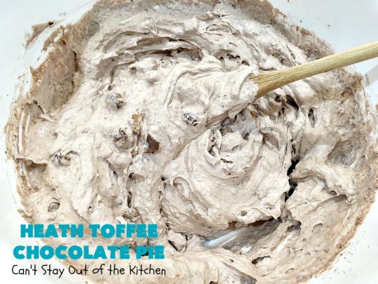 Heath Toffee Chocolate Pie | Can't Stay Out of the Kitchen | this luscious #ChocolatePie is rich, decadent & divine! It uses only 5 ingredients & is perfect for a #holiday or company #dessert #HeathToffeeBars #HeathToffeeChocolatePie #HeathToffeeDessert