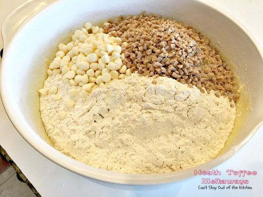 Heath Toffee Meltaways | Can't Stay Out of the Kitchen | these fantastic #sugarcookies dissolve in your mouth! Made with vanilla chips and #HeathEnglishToffeeBits. They're amazing. #cookie #dessert #tailgating