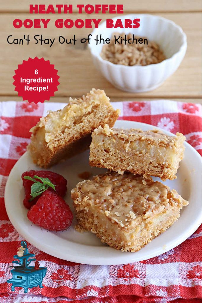 Heath Toffee Ooey Gooey Bars | Can't Stay Out of the Kitchen | These #OoeyGooeyBars are outrageously good! If you want an earth-shattering experience, bake up a batch of these lovely #brownies for your next #tailgating party, potluck or backyard BBQ. This easy #recipe uses only 6 ingredients! #cookies #dessert #HeathEnglishToffeeBits #HeathToffee #HeathToffeeOoeyGooeyBars