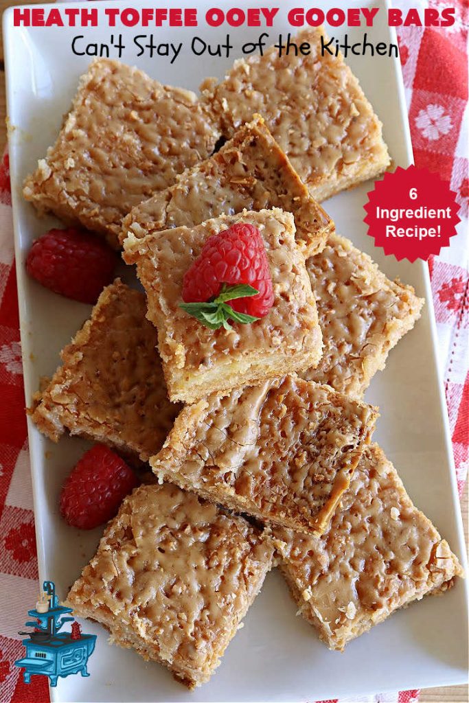 Heath Toffee Ooey Gooey Bars | Can't Stay Out of the Kitchen | These #OoeyGooeyBars are outrageously good! If you want an earth-shattering experience, bake up a batch of these lovely #brownies for your next #tailgating party, potluck or backyard BBQ. This easy #recipe uses only 6 ingredients! #cookies #dessert #HeathEnglishToffeeBits #HeathToffee #HeathToffeeOoeyGooeyBars