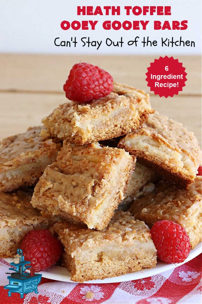 Heath Toffee Ooey Gooey Bars | Can't Stay Out of the Kitchen | These #OoeyGooeyBars are outrageously good! If you want an earth-shattering experience, bake up a batch of these lovely #brownies for your next #tailgating party, potluck or backyard BBQ. This easy #recipe uses only 6 ingredients! #cookies #dessert #HeathEnglishToffeeBits #HeathToffee #HeathToffeeOoeyGooeyBars