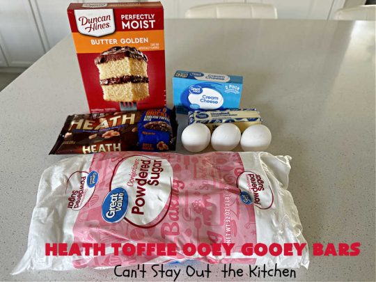 Heath Toffee Ooey Gooey Bars | Can't Stay Out of the Kitchen | These #OoeyGooeyBars are outrageously good! If you want an earth-shattering experience, bake up a batch of these lovely #brownies for your next #tailgating party, potluck or backyard BBQ. This easy #recipe uses only 6 ingredients! #cookies #dessert #HeathEnglishToffeeBits #HeathToffee #HeathToffeeOoeyGooeyBars