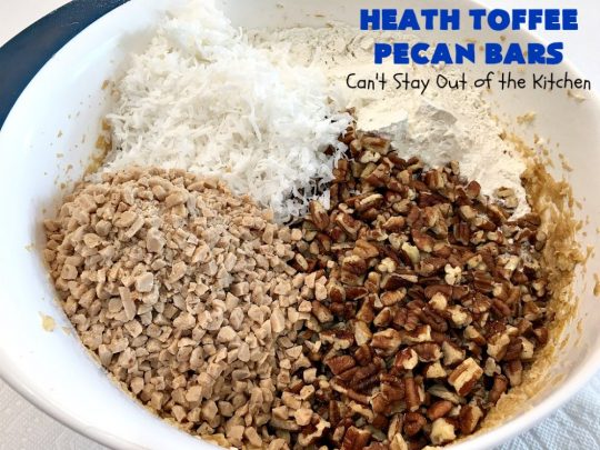 Heath Toffee Pecan Bars | Can't Stay Out of the Kitchen | these #cookies simply explode with flavor & crunchiness by using #HeathEnglishToffeeBits & #pecans. #tailgating #dessert #HeathToffeeBitsDessert #ToffeeDessert #HeathToffeePecanBars #holiday #HolidayDessert