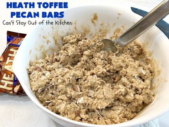 Heath Toffee Pecan Bars | Can't Stay Out of the Kitchen | these #cookies simply explode with flavor & crunchiness by using #HeathEnglishToffeeBits & #pecans. #tailgating #dessert #HeathToffeeBitsDessert #ToffeeDessert #HeathToffeePecanBars #holiday #HolidayDessert