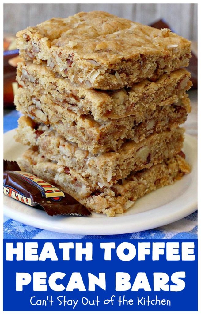 Heath Toffee Pecan Bars | Can't Stay Out of the Kitchen | these #cookies simply explode with flavor & crunchiness by using #HeathEnglishToffeeBits & #pecans. #tailgating #dessert #HeathToffeeBitsDessert #ToffeeDessert #HeathToffeePecanBars #holiday #HolidayDessert