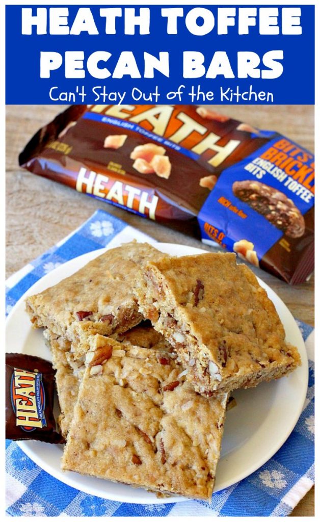 Heath Toffee Pecan Bars | Can't Stay Out of the Kitchen | these #cookies simply explode with flavor & crunchiness by using #HeathEnglishToffeeBits & #pecans. #tailgating #dessert #HeathToffeeBitsDessert #ToffeeDessert #HeathToffeePecanBars #holiday #HolidayDessert