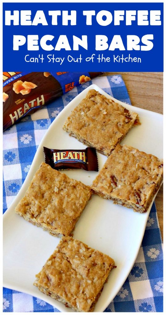 Heath Toffee Pecan Bars | Can't Stay Out of the Kitchen | these #cookies simply explode with flavor & crunchiness by using #HeathEnglishToffeeBits & #pecans. #tailgating #dessert #HeathToffeeBitsDessert #ToffeeDessert #HeathToffeePecanBars #holiday #HolidayDessert
