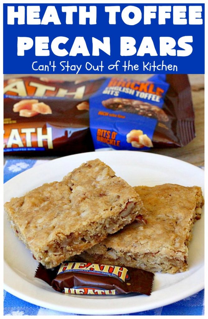 Heath Toffee Pecan Bars | Can't Stay Out of the Kitchen | these #cookies simply explode with flavor & crunchiness by using #HeathEnglishToffeeBits & #pecans. #tailgating #dessert #HeathToffeeBitsDessert #ToffeeDessert #HeathToffeePecanBars #holiday #HolidayDessert