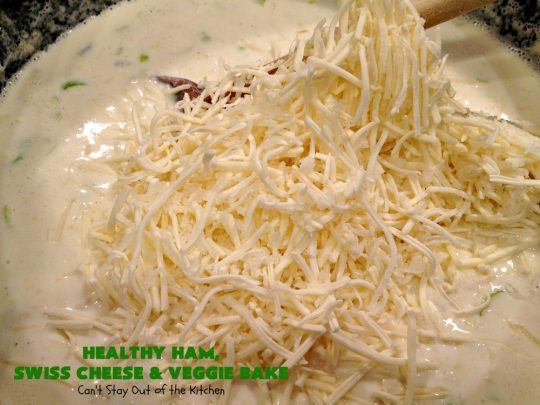Healthy Ham, Swiss Cheese and Veggie Bake | Can't Stay Out of the Kitchen | this healthier version of #Ham and #Noodle #casserole uses a lot of fresh and frozen #veggies along with #GlutenFree #noodles and GF Flour in the sauce. If you're trying to eliminate canned soups from your diet, this one-dish meal is for you! It's also s a terrific way to use up leftover #holiday ham from #Thanksgiving or #Christmas. #pasta #SwissCheese #HamCasserole #HealthyHamSwissCheeseAndVeggieBake