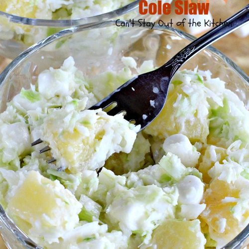 Heavenly Cole Slaw | Can't Stay Out of the Kitchen | this fantastic version of #coleslaw has #marshmallows & #pineapple. Perfect #salad for #MemorialDay & other summer #holidays. #cabbage #glutenfree