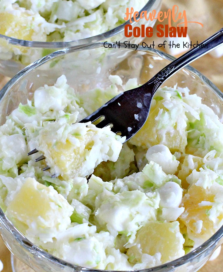 Heavenly Cole Slaw | Can't Stay Out of the Kitchen | this fantastic version of #coleslaw has #marshmallows & #pineapple. Perfect #salad for #MemorialDay & other summer #holidays. #cabbage #glutenfree