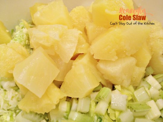 Heavenly Cole Slaw | Can't Stay Out of the Kitchen | this fantastic version of #coleslaw has #marshmallows & #pineapple. Perfect #salad for #MemorialDay & other summer #holidays. #cabbage #glutenfree