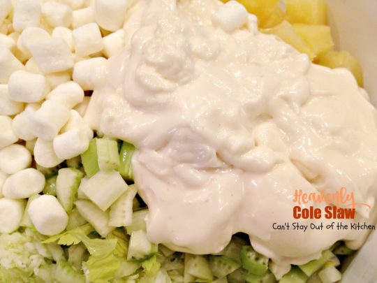 Heavenly Cole Slaw | Can't Stay Out of the Kitchen | this fantastic version of #coleslaw has #marshmallows & #pineapple. Perfect #salad for #MemorialDay & other summer #holidays. #cabbage #glutenfree