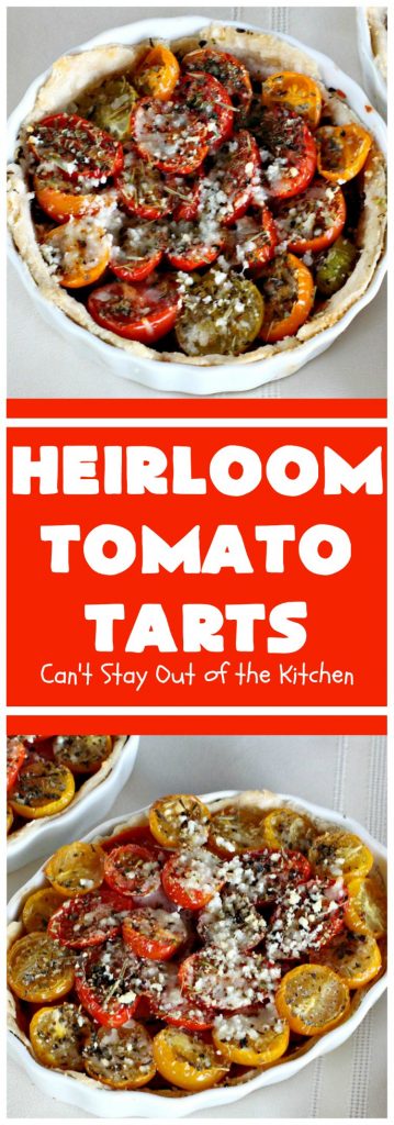Heirloom Tomato Tarts | Can't Stay Out of the Kitchen | these fantastic #tarts use baby Heirloom #Tomatoes, four kinds of #cheese & they're seasoned to perfection. They're so mouthwatering your family will want you to make them often! #Asiago #Parmesan #Fontina #Romano #mushrooms #HeirloomTomatoes #TomatoPie #HeirloomTomatoTarts