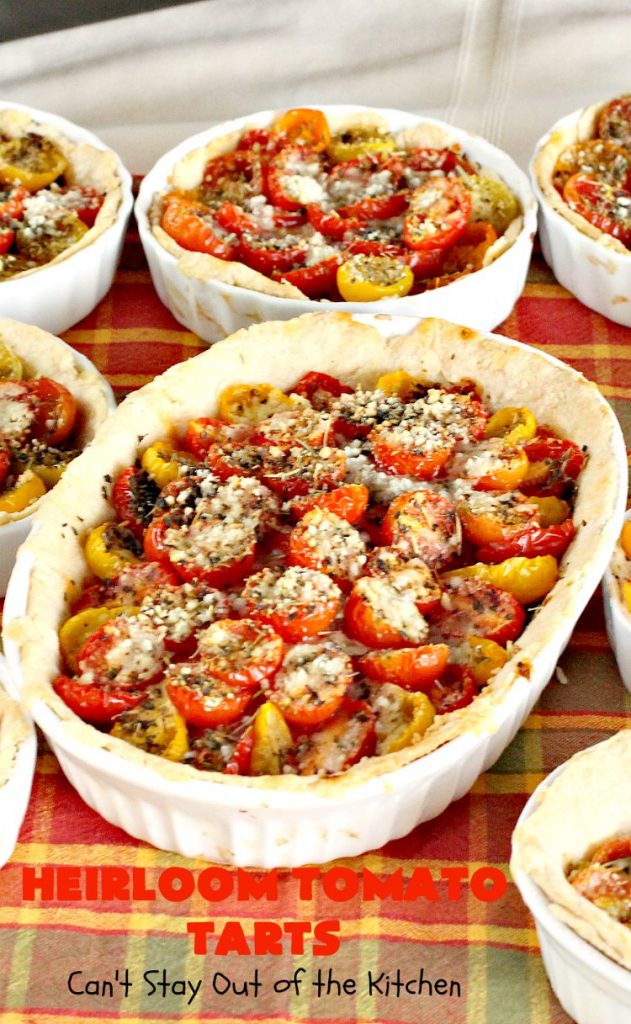 Heirloom Tomato Tarts | Can't Stay Out of the Kitchen | these fantastic #tarts use baby Heirloom #Tomatoes, four kinds of #cheese & they're seasoned to perfection. They're so mouthwatering your family will want you to make them often! #Asiago #Parmesan #Fontina #Romano #mushrooms #HeirloomTomatoes #TomatoPie #HeirloomTomatoTarts