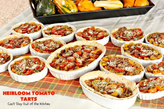 Heirloom Tomato Tarts | Can't Stay Out of the Kitchen | these fantastic #tarts use baby Heirloom #Tomatoes, four kinds of #cheese & they're seasoned to perfection. They're so mouthwatering your family will want you to make them often! #Asiago #Parmesan #Fontina #Romano #mushrooms #HeirloomTomatoes #TomatoPie #HeirloomTomatoTarts