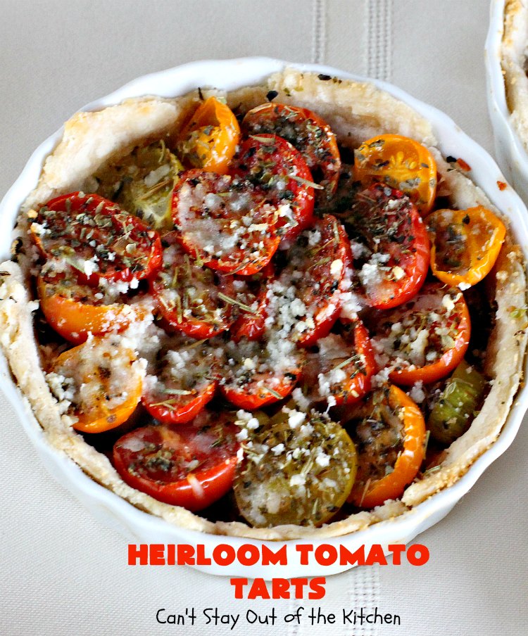 Heirloom Tomato Tarts | Can't Stay Out of the Kitchen | these fantastic #tarts use baby Heirloom #Tomatoes, four kinds of #cheese & they're seasoned to perfection. They're so mouthwatering your family will want you to make them often! #Asiago #Parmesan #Fontina #Romano #mushrooms #HeirloomTomatoes #TomatoPie #HeirloomTomatoTarts