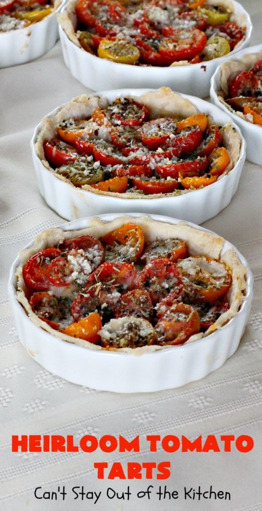 Heirloom Tomato Tarts | Can't Stay Out of the Kitchen | these fantastic #tarts use baby Heirloom #Tomatoes, four kinds of #cheese & they're seasoned to perfection. They're so mouthwatering your family will want you to make them often! #Asiago #Parmesan #Fontina #Romano #mushrooms #HeirloomTomatoes #TomatoPie #HeirloomTomatoTarts