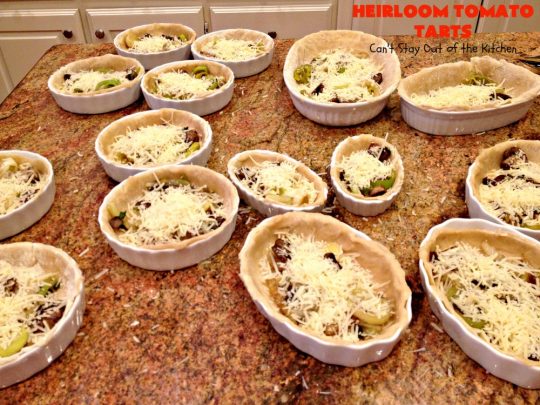 Heirloom Tomato Tarts | Can't Stay Out of the Kitchen | these fantastic #tarts use baby Heirloom #Tomatoes, four kinds of #cheese & they're seasoned to perfection. They're so mouthwatering your family will want you to make them often! #Asiago #Parmesan #Fontina #Romano #mushrooms #HeirloomTomatoes #TomatoPie #HeirloomTomatoTarts