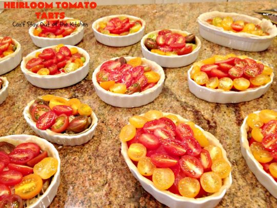 Heirloom Tomato Tarts | Can't Stay Out of the Kitchen | these fantastic #tarts use baby Heirloom #Tomatoes, four kinds of #cheese & they're seasoned to perfection. They're so mouthwatering your family will want you to make them often! #Asiago #Parmesan #Fontina #Romano #mushrooms #HeirloomTomatoes #TomatoPie #HeirloomTomatoTarts