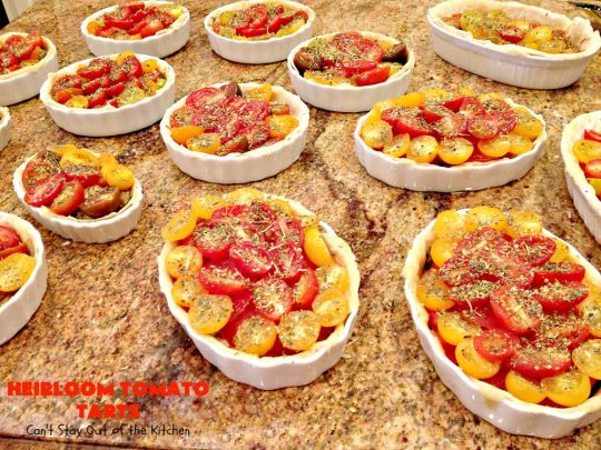 Heirloom Tomato Tarts | Can't Stay Out of the Kitchen | these fantastic #tarts use baby Heirloom #Tomatoes, four kinds of #cheese & they're seasoned to perfection. They're so mouthwatering your family will want you to make them often! #Asiago #Parmesan #Fontina #Romano #mushrooms #HeirloomTomatoes #TomatoPie #HeirloomTomatoTarts