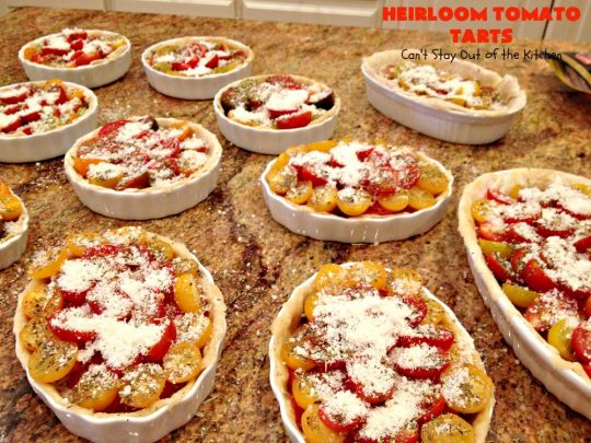 Heirloom Tomato Tarts | Can't Stay Out of the Kitchen | these fantastic #tarts use baby Heirloom #Tomatoes, four kinds of #cheese & they're seasoned to perfection. They're so mouthwatering your family will want you to make them often! #Asiago #Parmesan #Fontina #Romano #mushrooms #HeirloomTomatoes #TomatoPie #HeirloomTomatoTarts