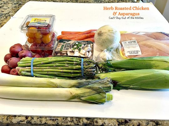 Herb Roasted Chicken and Asparagus | Can't Stay Out of the Kitchen | delicious one-dish #chicken entree with lots of #veggies including #asparagus and cooked in a tasty vinaigrette. Great company dinner.