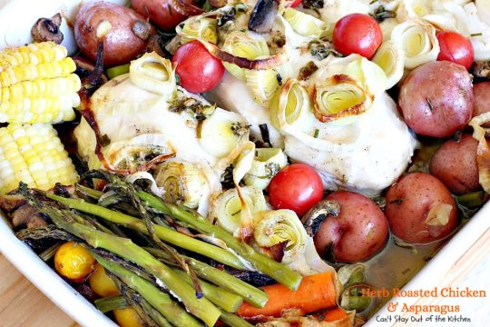 Herb Roasted Chicken and Asparagus | Can't Stay Out of the Kitchen | delicious one-dish #chicken entree with lots of #veggies including #asparagus and cooked in a tasty vinaigrette. Great company dinner.