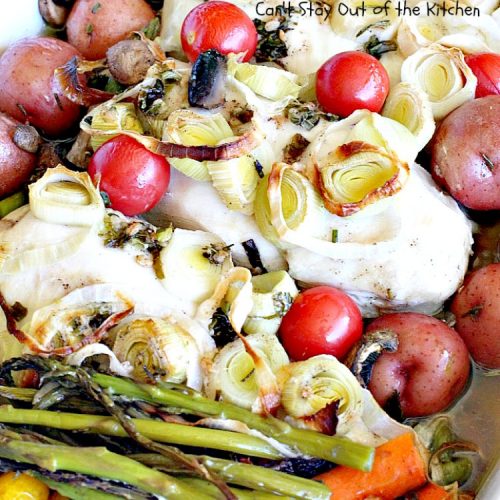 Herb Roasted Chicken and Asparagus | Can't Stay Out of the Kitchen | delicious one-dish #chicken entree with lots of #veggies including #asparagus and cooked in a tasty vinaigrette. Great company dinner.