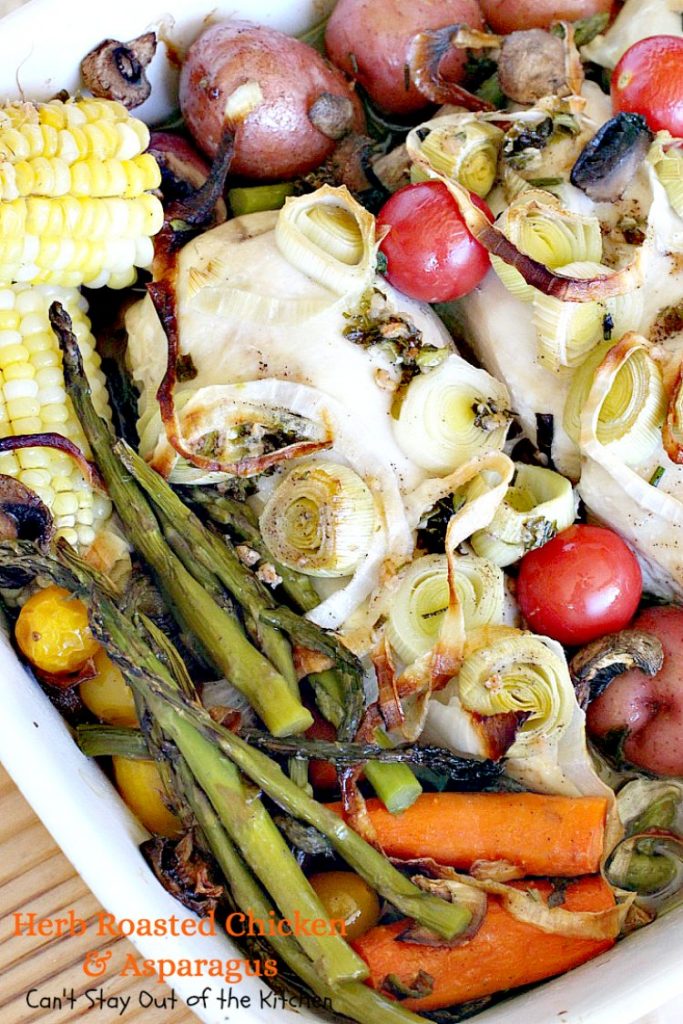 Herb Roasted Chicken and Asparagus | Can't Stay Out of the Kitchen | delicious one-dish #chicken entree with lots of #veggies including #asparagus and cooked in a tasty vinaigrette. Great company dinner.