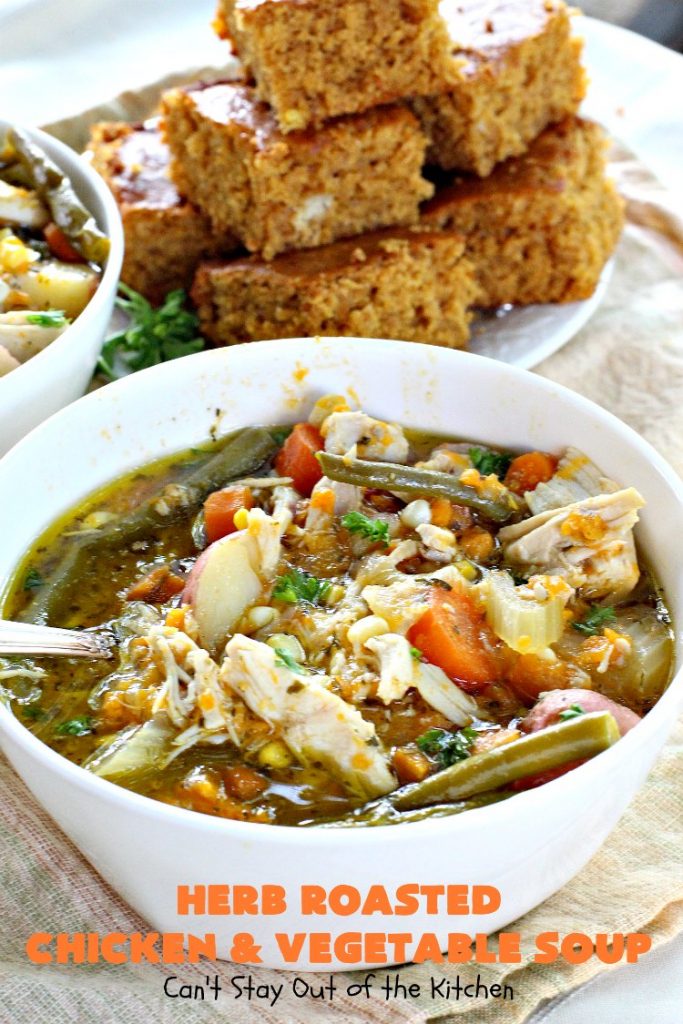 Herb Roasted Chicken and Vegetable Soup | Can't Stay Out of the Kitchen | This amazing  #chicken #soup is filled with #potatoes, #carrots, #greenbeans, #corn & a lovely garlic & rosemary seasoning. It's perfect comfort food for fall. This hearty, filling & satisfying entree is also incredibly easy since it's made in the #crockpot. #glutenfree #slowcooker
