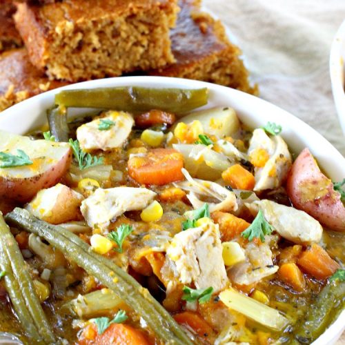 Herb Roasted Chicken and Vegetable Soup | Can't Stay Out of the Kitchen | This amazing #chicken #soup is filled with #potatoes, #carrots, #greenbeans, #corn & a lovely garlic & rosemary seasoning. It's perfect comfort food for fall. This hearty, filling & satisfying entree is also incredibly easy since it's made in the #crockpot. #glutenfree #slowcooker