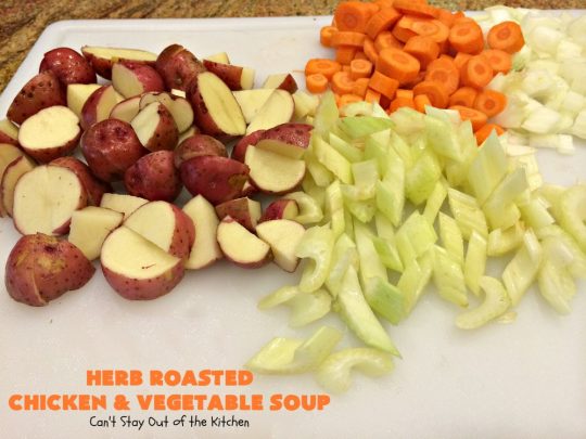 Herb Roasted Chicken and Vegetable Soup | Can't Stay Out of the Kitchen | This amazing #chicken #soup is filled with #potatoes, #carrots, #greenbeans, #corn & a lovely garlic & rosemary seasoning. It's perfect comfort food for fall. This hearty, filling & satisfying entree is also incredibly easy since it's made in the #crockpot. #glutenfree #slowcooker