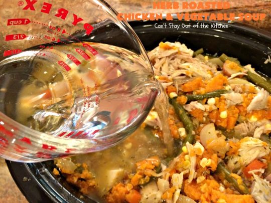 Herb Roasted Chicken and Vegetable Soup | Can't Stay Out of the Kitchen | This amazing #chicken #soup is filled with #potatoes, #carrots, #greenbeans, #corn & a lovely garlic & rosemary seasoning. It's perfect comfort food for fall. This hearty, filling & satisfying entree is also incredibly easy since it's made in the #crockpot. #glutenfree #slowcooker