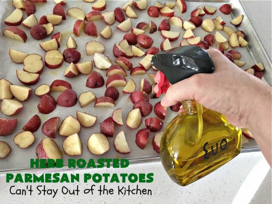 Herb Roasted Parmesan Potatoes | Can't Stay Out of the Kitchen | these #RoastedPotatoes are savory & delicious. They're easy to throw together and wonderful to serve for family, company or #holiday dinners. #ParmesanCheese #potatoes #GlutenFree #SideDish #HerbRoastedParmesanPotatoes
