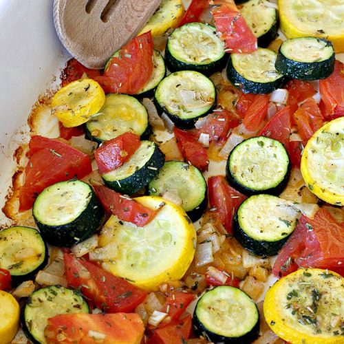 Herb Roasted Squash | Can't Stay Out of the Kitchen | this incredibly quick & easy #SideDish is terrific for any entree. Ready to serve in about 20 minutes! Great way to use up #zucchini, #YellowSquash & #tomatoes. #Healthy, #LowCalorie, #Vegan #GlutenFree. #HerbRoastedSquash