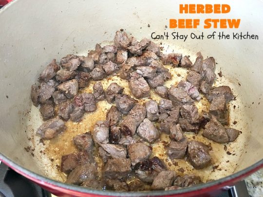 Herbed Beef Stew | Can't Stay Out of the Kitchen | our company raved over this #BeefStew. It's hearty, filling & so satisfying. It's chocked full of #potatoes, #carrots, #GreenBeans, #Corn, #Peas, #Tomatoes & #Mushrooms. Absolutely delicious! #Beef #GlutenFree #HerbedBeefStew #CompanyBeefStew 