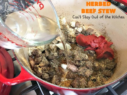 Herbed Beef Stew | Can't Stay Out of the Kitchen | our company raved over this #BeefStew. It's hearty, filling & so satisfying. It's chocked full of #potatoes, #carrots, #GreenBeans, #Corn, #Peas, #Tomatoes & #Mushrooms. Absolutely delicious! #Beef #GlutenFree #HerbedBeefStew #CompanyBeefStew 