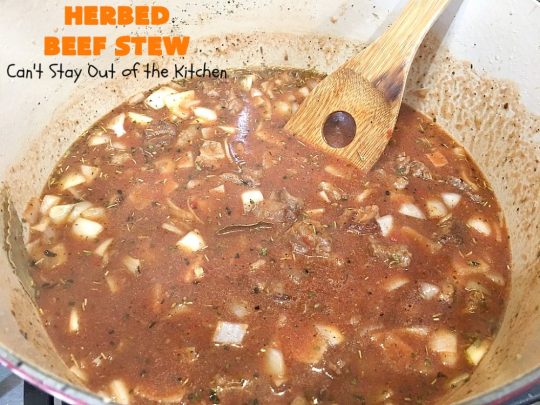 Herbed Beef Stew | Can't Stay Out of the Kitchen | our company raved over this #BeefStew. It's hearty, filling & so satisfying. It's chocked full of #potatoes, #carrots, #GreenBeans, #Corn, #Peas, #Tomatoes & #Mushrooms. Absolutely delicious! #Beef #GlutenFree #HerbedBeefStew #CompanyBeefStew 