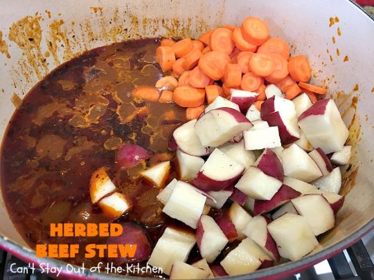 Herbed Beef Stew | Can't Stay Out of the Kitchen | our company raved over this #BeefStew. It's hearty, filling & so satisfying. It's chocked full of #potatoes, #carrots, #GreenBeans, #Corn, #Peas, #Tomatoes & #Mushrooms. Absolutely delicious! #Beef #GlutenFree #HerbedBeefStew #CompanyBeefStew 