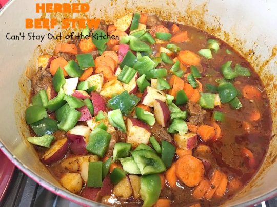 Herbed Beef Stew | Can't Stay Out of the Kitchen | our company raved over this #BeefStew. It's hearty, filling & so satisfying. It's chocked full of #potatoes, #carrots, #GreenBeans, #Corn, #Peas, #Tomatoes & #Mushrooms. Absolutely delicious! #Beef #GlutenFree #HerbedBeefStew #CompanyBeefStew 