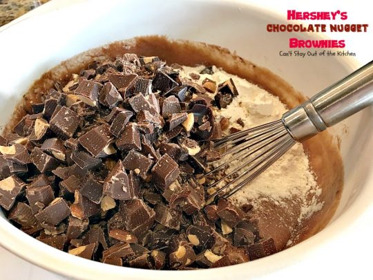 Hershey's Chocolate Nugget Brownies | Can't Stay Out of the Kitchen | these #brownies are awesome! They're filled with #Hershey's nuggets & topped with a #chocolate #fudge icing. Rich, decadent, amazing #dessert!