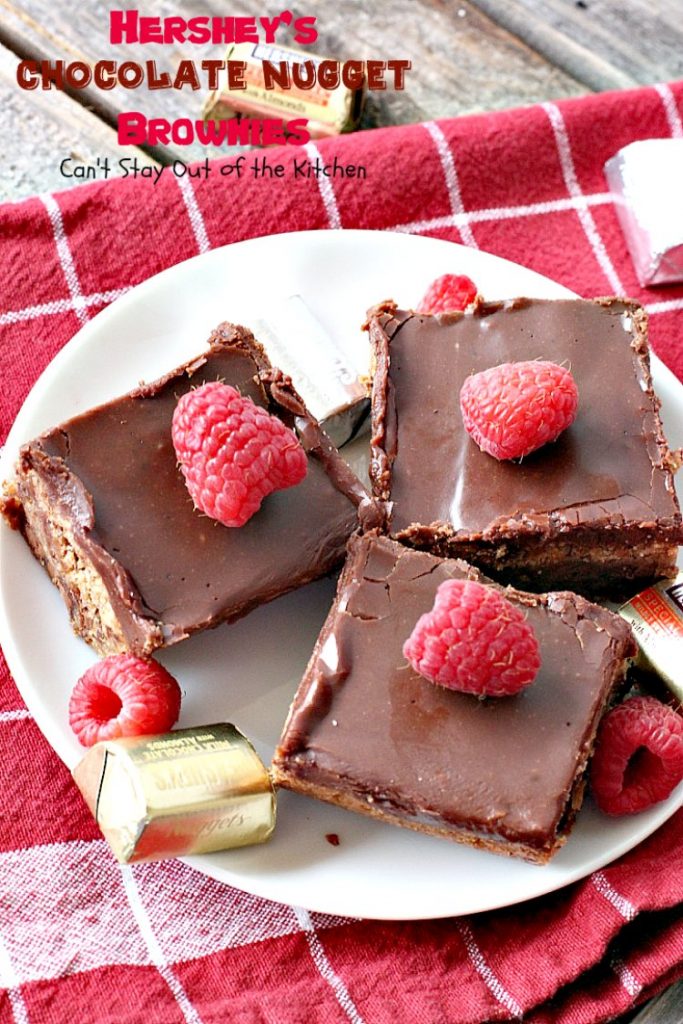 Hershey's Chocolate Nugget Brownies | Can't Stay Out of the Kitchen | these #brownies are awesome! They're filled with #Hershey's nuggets & topped with a #chocolate #fudge icing. Rich, decadent, amazing #dessert!