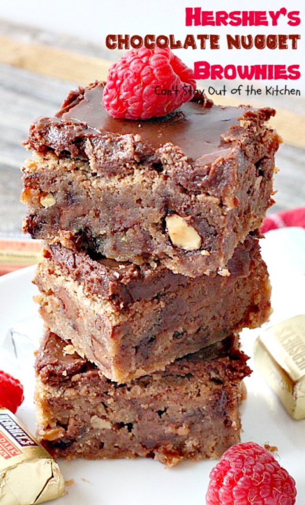 Hershey's Chocolate Nugget Brownies | Can't Stay Out of the Kitchen | these #brownies are awesome! They're filled with #Hershey's nuggets & topped with a #chocolate #fudge icing. Rich, decadent, amazing #dessert!