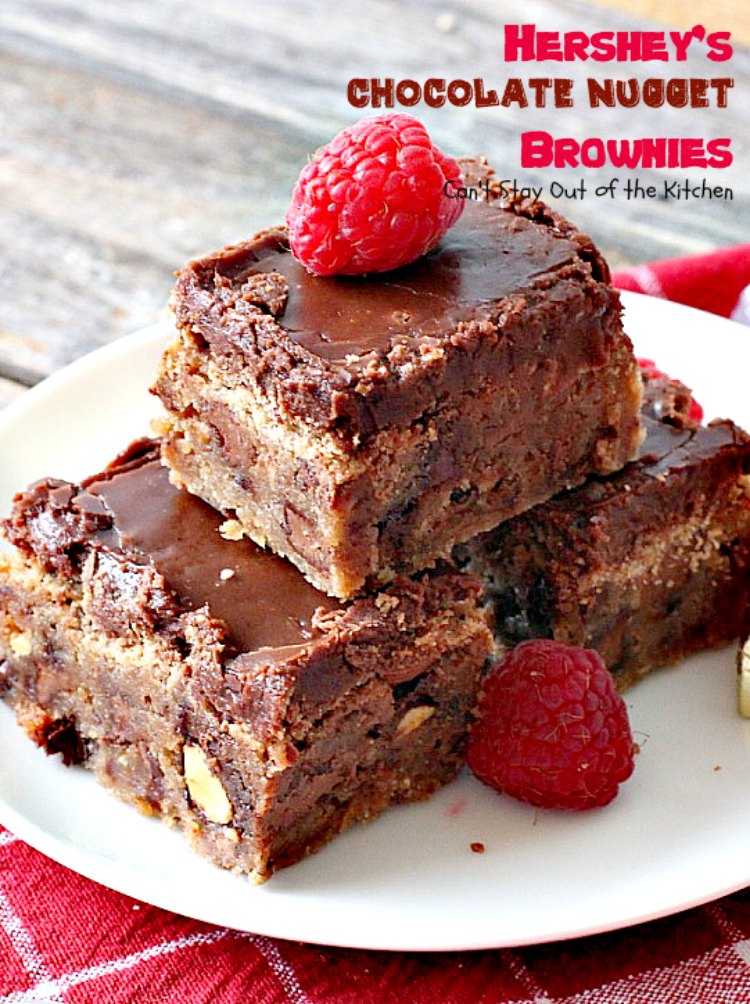 Hershey's Chocolate Nugget Brownies | Can't Stay Out of the Kitchen | these #brownies are awesome! They're filled with #Hershey's nuggets & topped with a #chocolate #fudge icing. Rich, decadent, amazing #dessert!