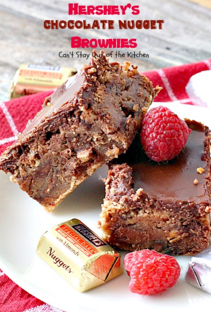 Hershey's Chocolate Nugget Brownies | Can't Stay Out of the Kitchen | these #brownies are awesome! They're filled with #Hershey's nuggets & topped with a #chocolate #fudge icing. Rich, decadent, amazing #dessert!
