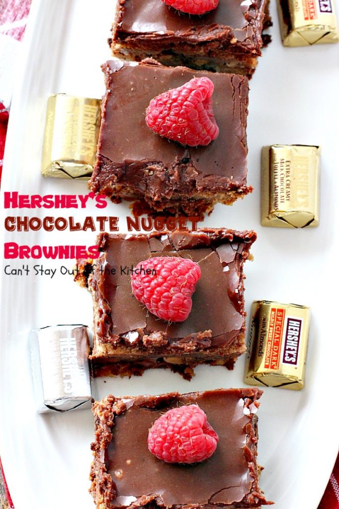 Hershey's Chocolate Nugget Brownies | Can't Stay Out of the Kitchen | these #brownies are awesome! They're filled with #Hershey's nuggets & topped with a #chocolate #fudge icing. Rich, decadent, amazing #dessert!