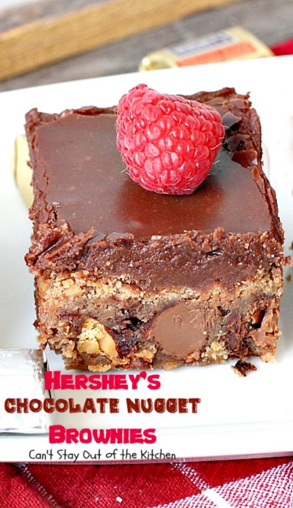 Hershey's Chocolate Nugget Brownies | Can't Stay Out of the Kitchen | these #brownies are awesome! They're filled with #Hershey's nuggets & topped with a #chocolate #fudge icing. Rich, decadent, amazing #dessert!